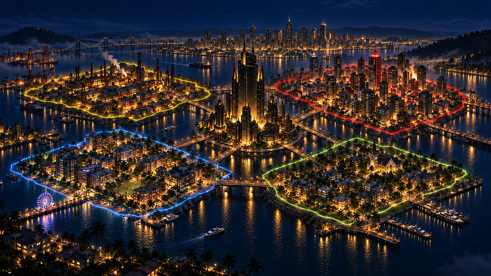 Four waterfront districts surround the towering Syndicate headquarters