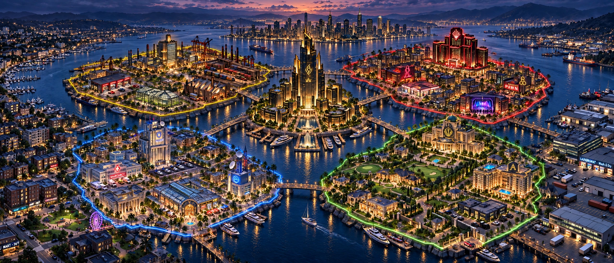 The four districts of Dope District at night, surrounding Syndicate Tower