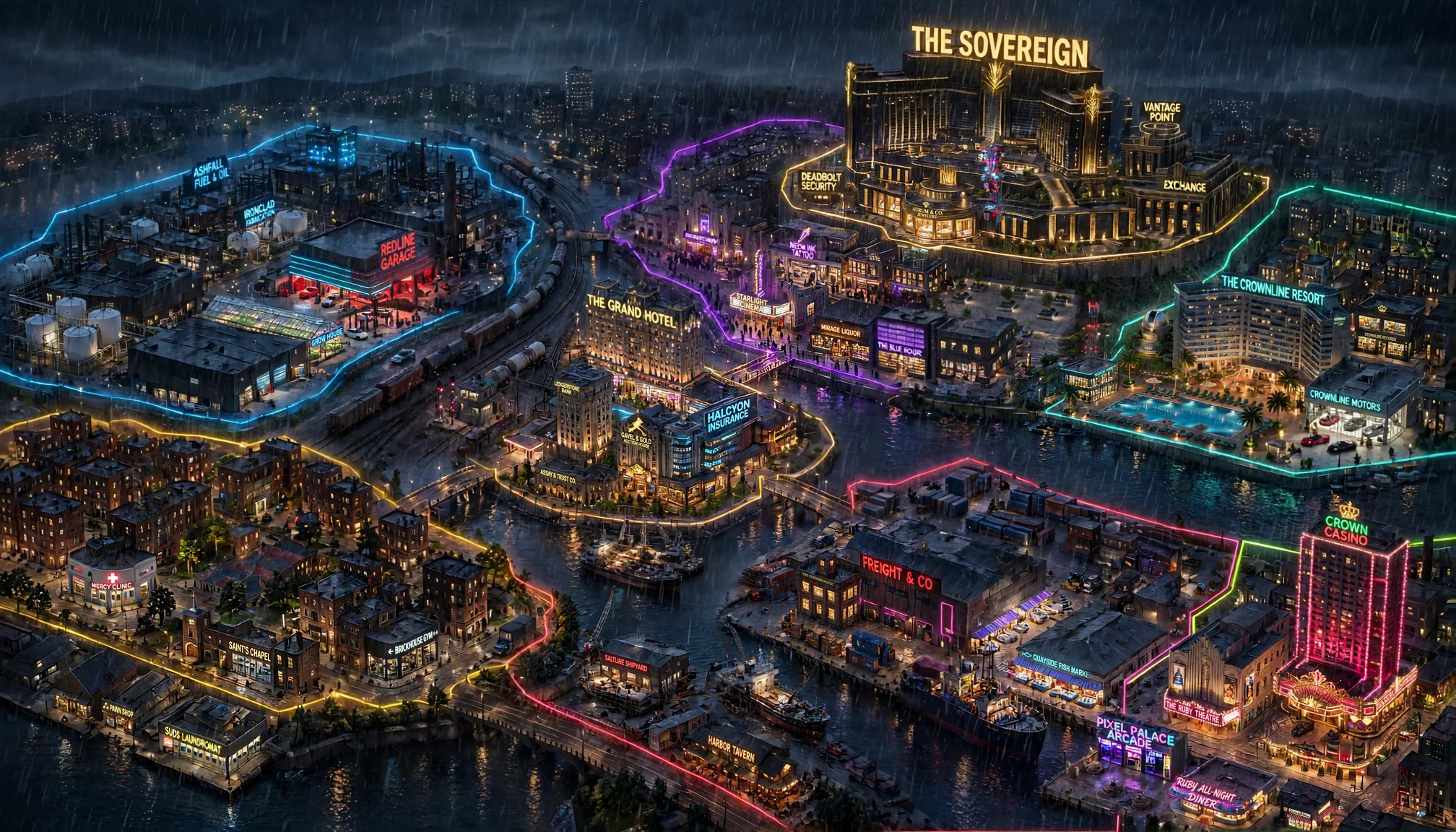 The eight districts of Dope District in the rain at night, with The Sovereign casino-bank on the Gold Coast plateau