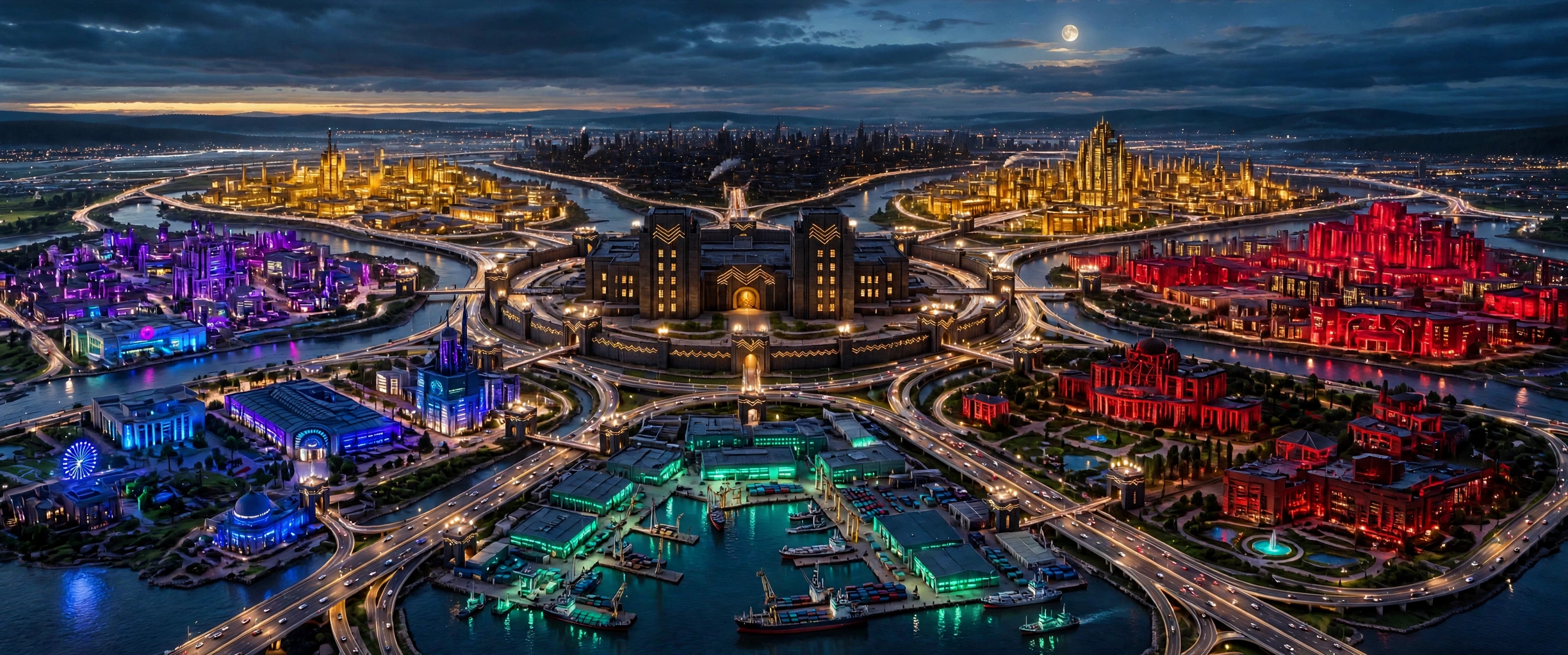 The eight districts of Dope District at dusk, ringed by highways, with the Vault at the center
